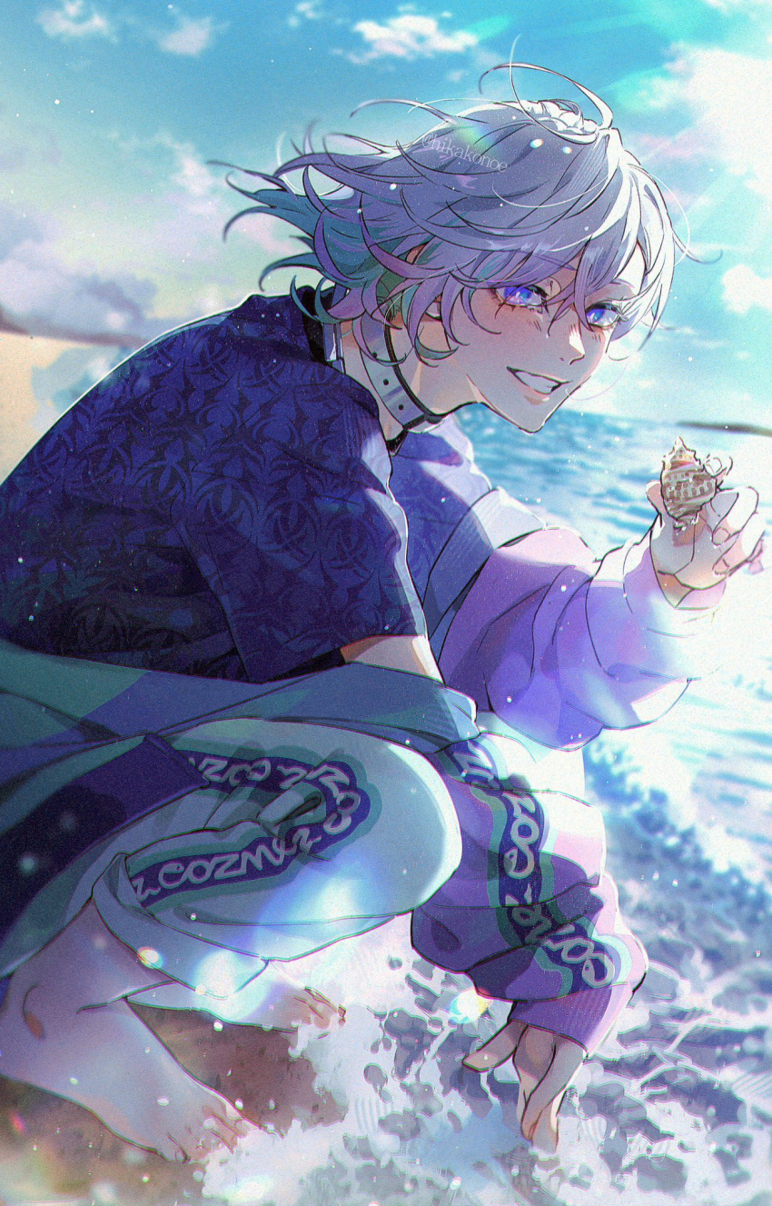 1boy, beach, black_shirt, blue_hair, blue_sky, blush, clouds, collar
