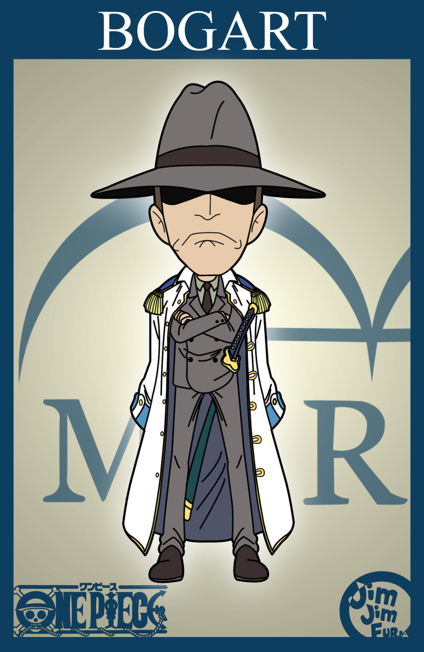 1boy, artist_name, black_necktie, bogard_(one_piece), brown_hair, character_name, chibi, closed_mouth, coat, coat_on_shoulders, crossed_arms, english_text, epaulettes, full_body, hat, hat_over_eyes, highres, jimjimfuria, jolly_roger, logo, necktie, one_piece, short_hair, skull_and_crossbones, solo, solo_focus, sword, weapon