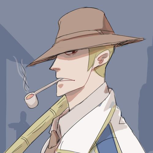 1boy, blonde_hair, bogard_(one_piece), brown_headwear, brown_necktie, from_side, hat, hat_over_one_eye