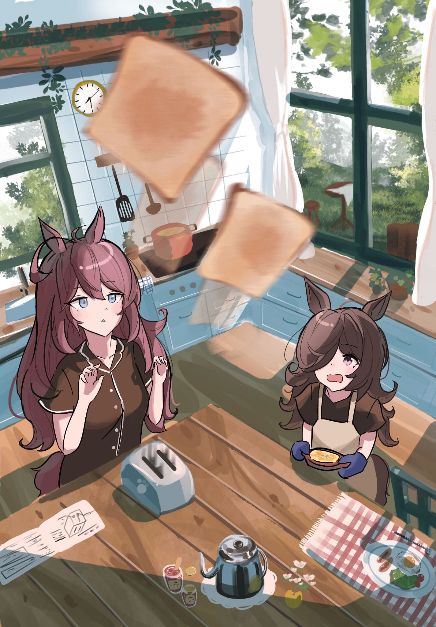 2girls, ahoge, alternate_costume, black_hair, blue_eyes, blush, bread, breasts