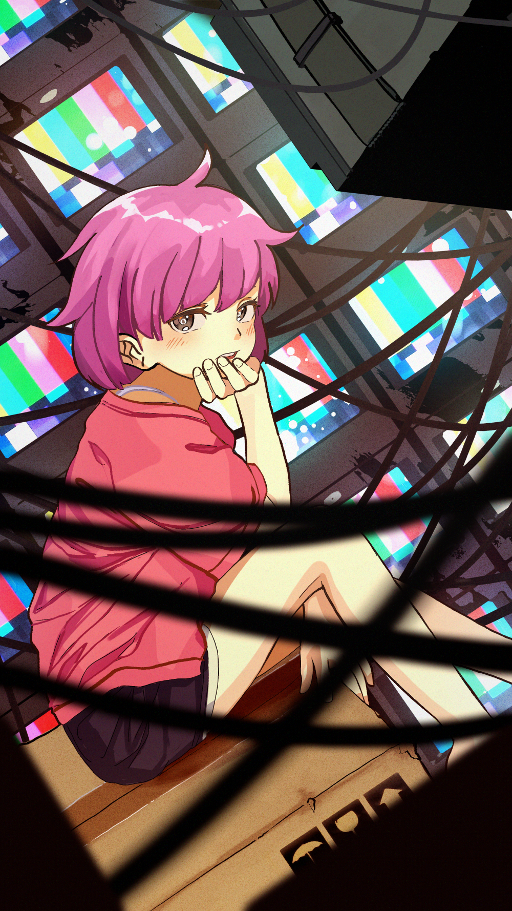1girl, black_shorts, blurry, blurry_foreground, blush, bob_cut, box, bra_strap