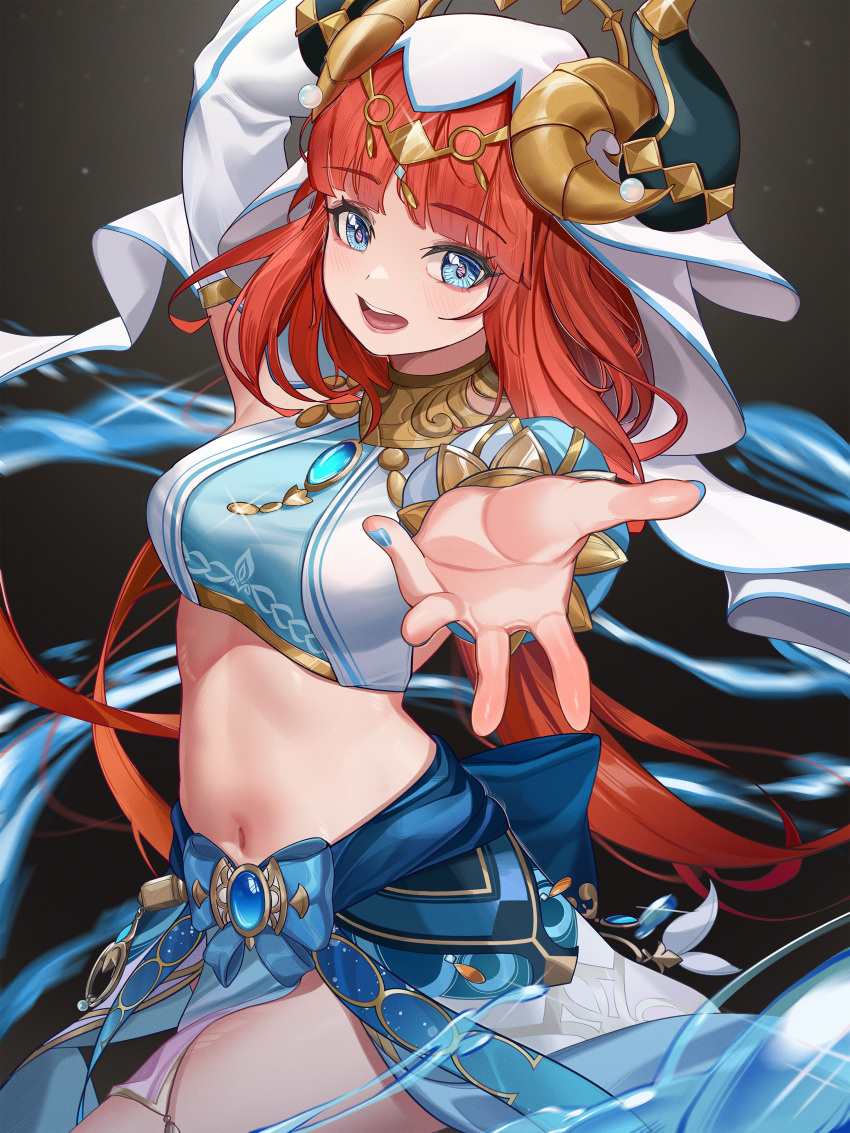 1girl, absurdres, blue_eyes, breasts, genshin_impact, heta, highres, horns