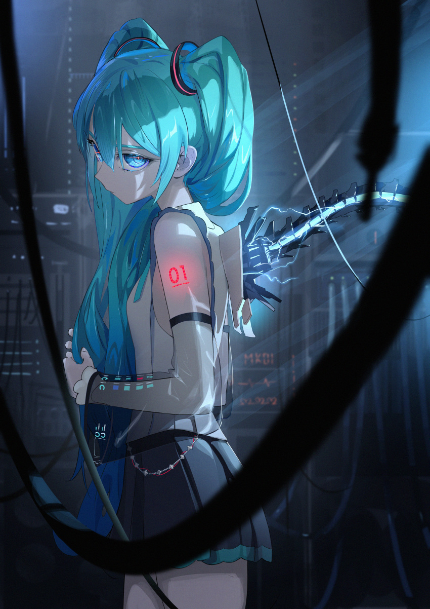 1girl, absurdres, android, aqua_eyes, aqua_hair, black_skirt, blurry, blurry_foreground