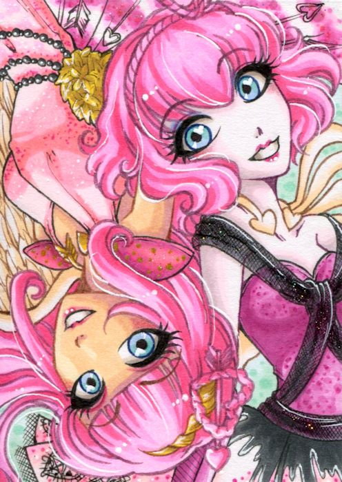 2girls, blue_eyes, chariclo_arganthone_cupid, colored_skin, dress, dual_persona, ever_after_high, feathered_wings, headband, heart, monster_high, multiple_girls, pandoras-locker, pink_dress, pink_hair, pink_headband, pink_lips, smile, upside-down, white_skin, wings