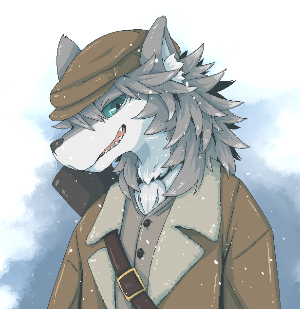 1boy, animal_ear_fluff, belt, blue_eyes, brown_headwear, brown_jacket, buttons, doneru, fate/grand_order, fate_(series), furry, furry_male, grey_fur, hat, jacket, male_focus, no_humans, open_mouth, patxi_(fate), sharp_teeth, teeth, wolf, wolf_boy