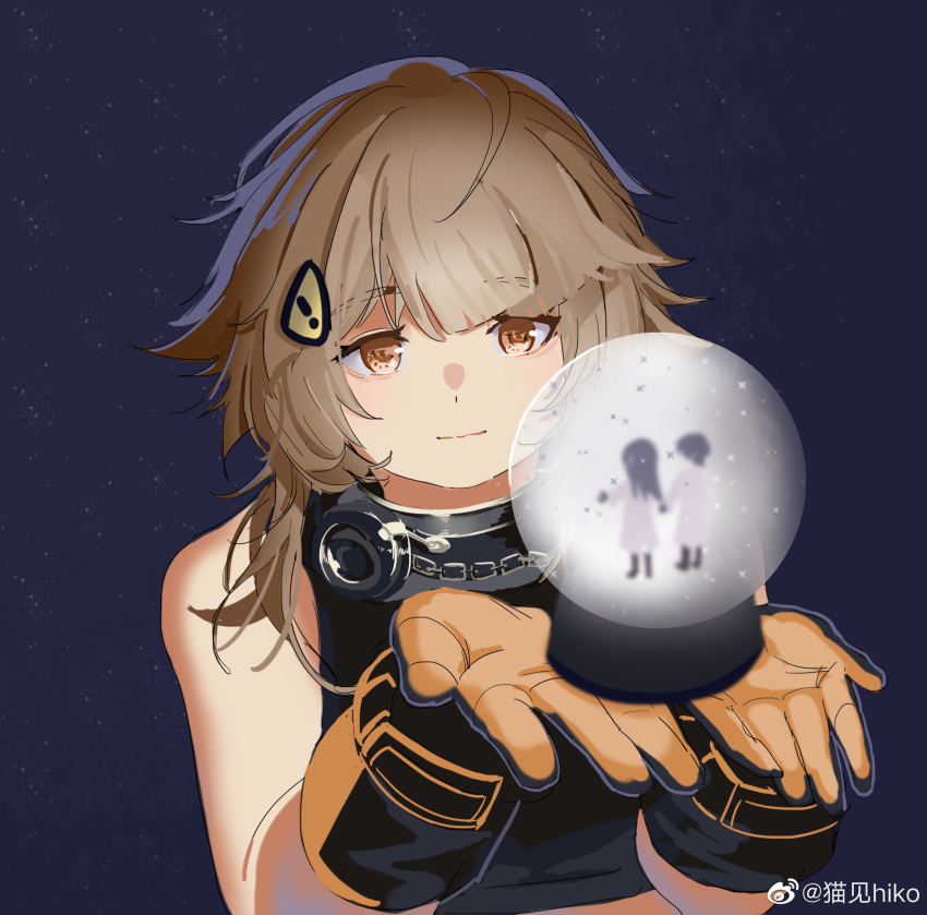 1girl, absurdres, black_background, brown_eyes, brown_hair, commentary_request, female_professor_(girls'_frontline_nc), girls'_frontline_neural_cloud