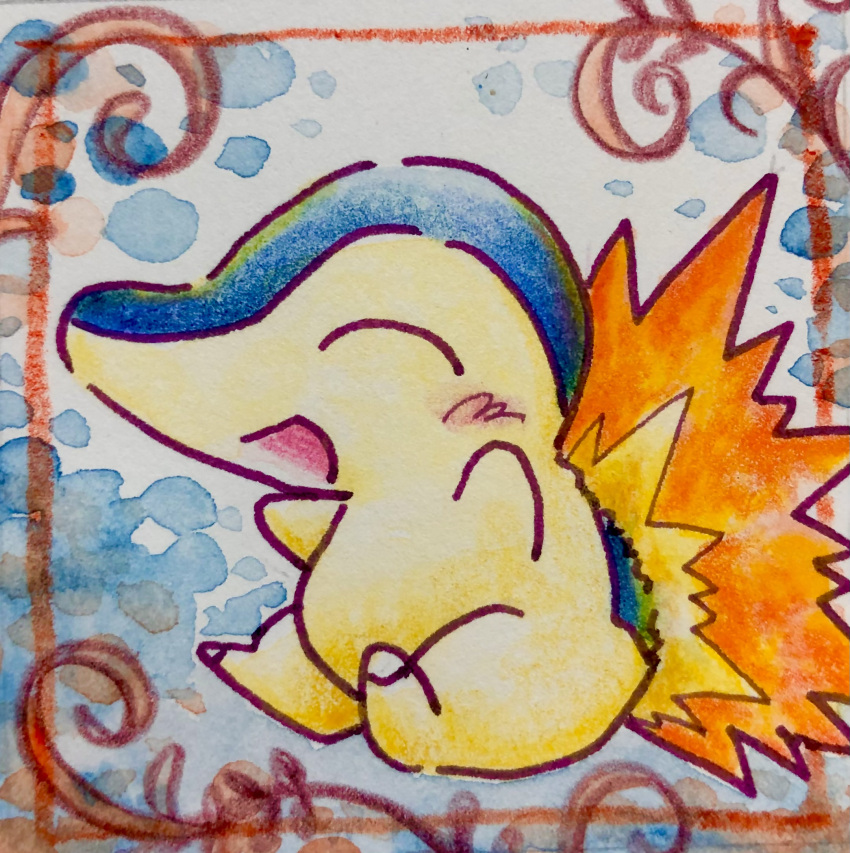 animal_focus, blush, claws, closed_mouth, cyndaquil, fire, happy, highres, no_humans, open_mouth, plant, pokemon, pokemon_(creature), ryuym_koue, sitting, vines