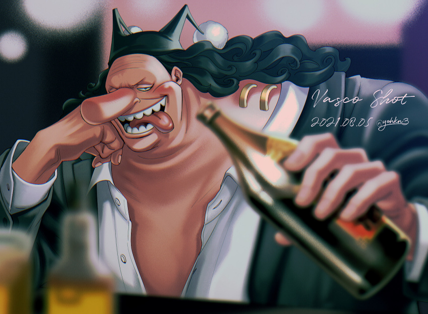 1boy, 2021, big_nose, black_hair, black_headwear, blush, bottle, colored_skin