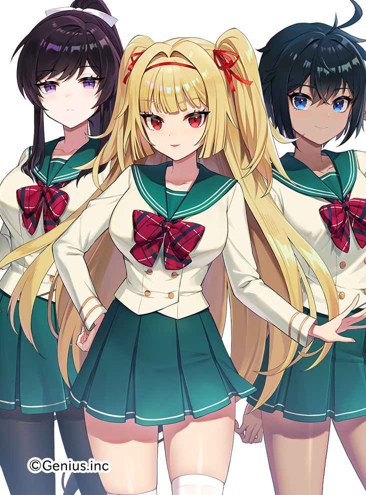 3girls, :d, anzumame, black_hair, black_pantyhose, blonde_hair, blue_eyes, bow