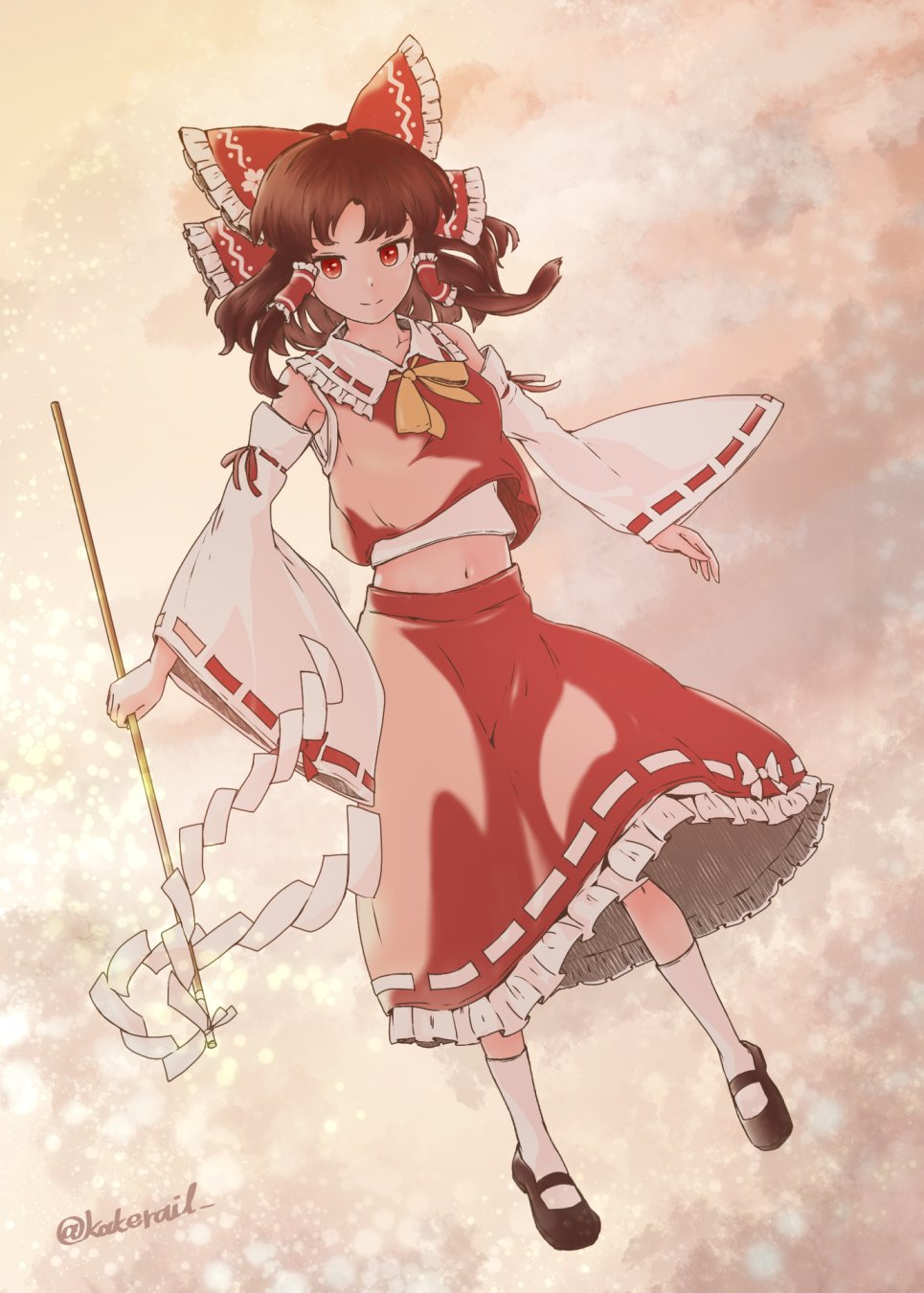 1girl, arms_up, bare_shoulders, bow, bowtie, breasts, closed_mouth, commentary_request