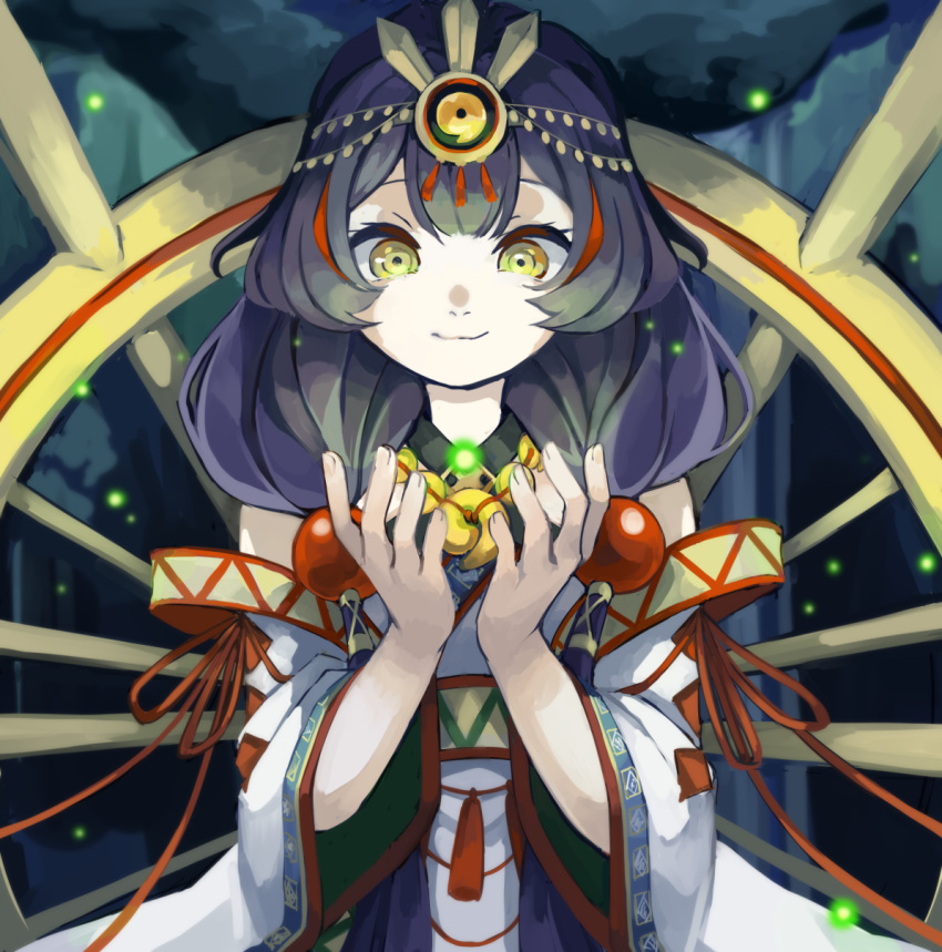 1girl, beads, blue_background, blue_hair, circlet, closed_mouth, dark, hair_beads