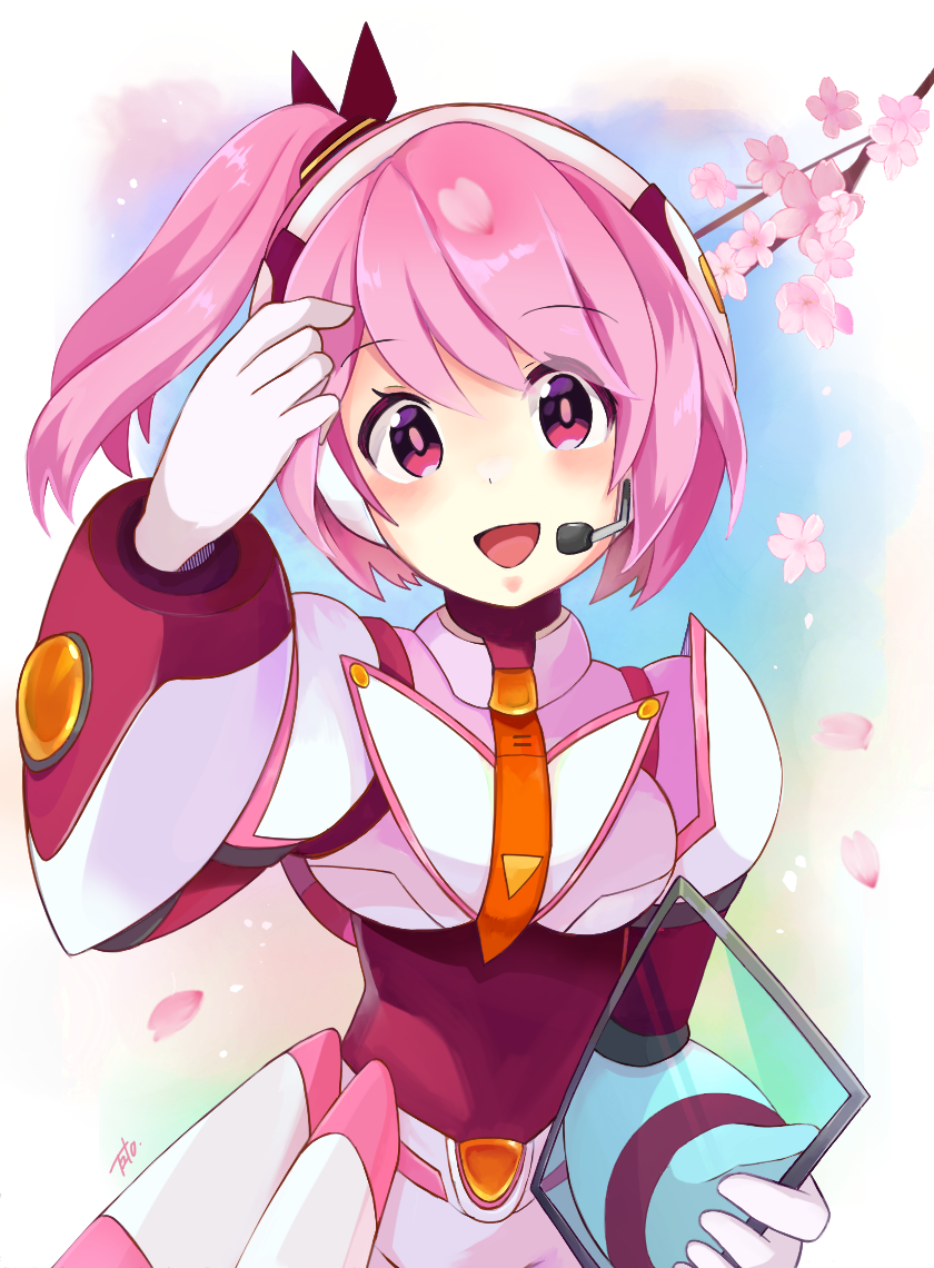 1girl, :d, alternate_color, android, bodysuit, cherry_blossoms, falling_petals, gloves, headset, looking_at_viewer, mega_man_(series), mega_man_x_(series), mega_man_x_dive, necktie, open_mouth, petals, pink_bodysuit, pink_eyes, pink_hair, rico_(mega_man), side_ponytail, smile, solo, teto_(y3832), upper_body, white_gloves