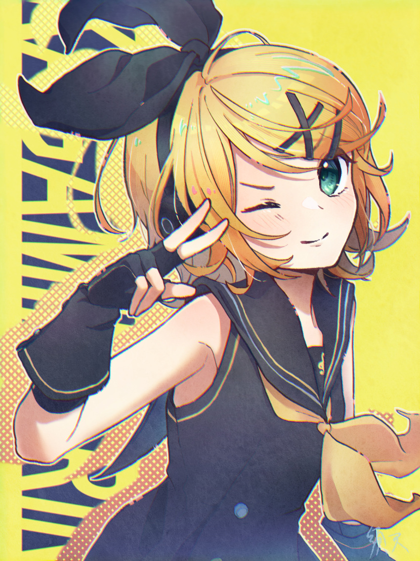 1girl, black_bow, black_dress, black_gloves, black_sailor_collar, blonde_hair, bow, closed_mouth