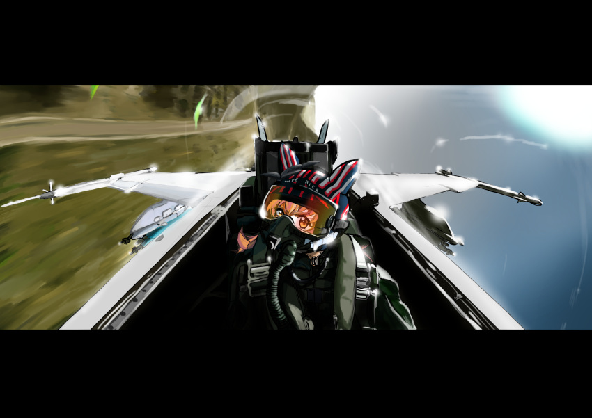 033_(inao170), 1girl, airplane_interior, black_border, border, commentary_request, cosplay, f/a-18e_super_hornet