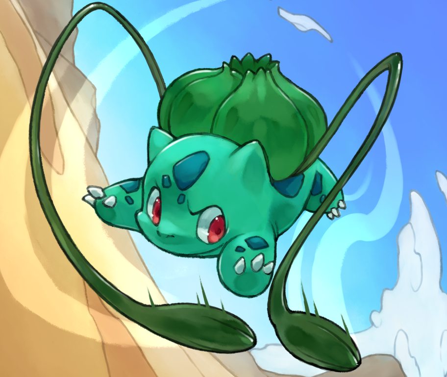 animal_focus, bulbasaur, claws, closed_mouth, clouds, jumping, motion_blur, no_humans
