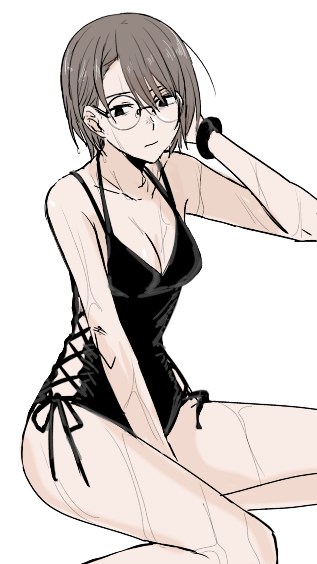 1girl, arm_behind_head, arm_between_legs, black-framed_eyewear, black_eyes, brown_hair, highres, one-piece_swimsuit