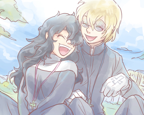 black_hair, blonde_hair, closed_eyes, glasses, gloves, happy, heinkel_wolfe, hellsing