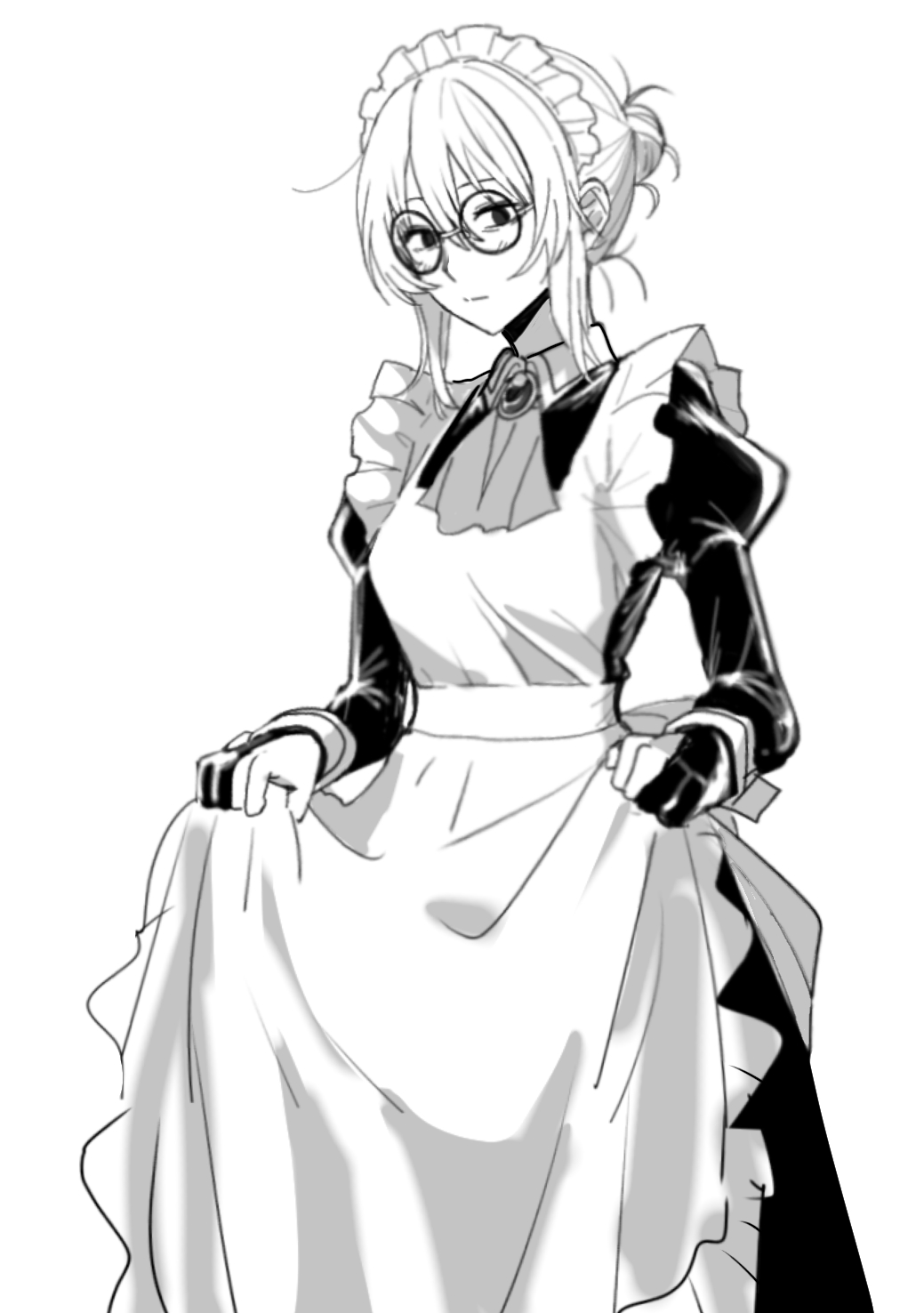 1girl, black-framed_eyewear, black_eyes, gloves, greyscale, highres, looking_at_viewer, maid