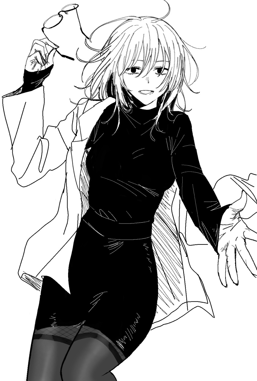 1girl, black-framed_eyewear, black_eyes, greyscale, highres, jacket, looking_at_viewer, monochrome