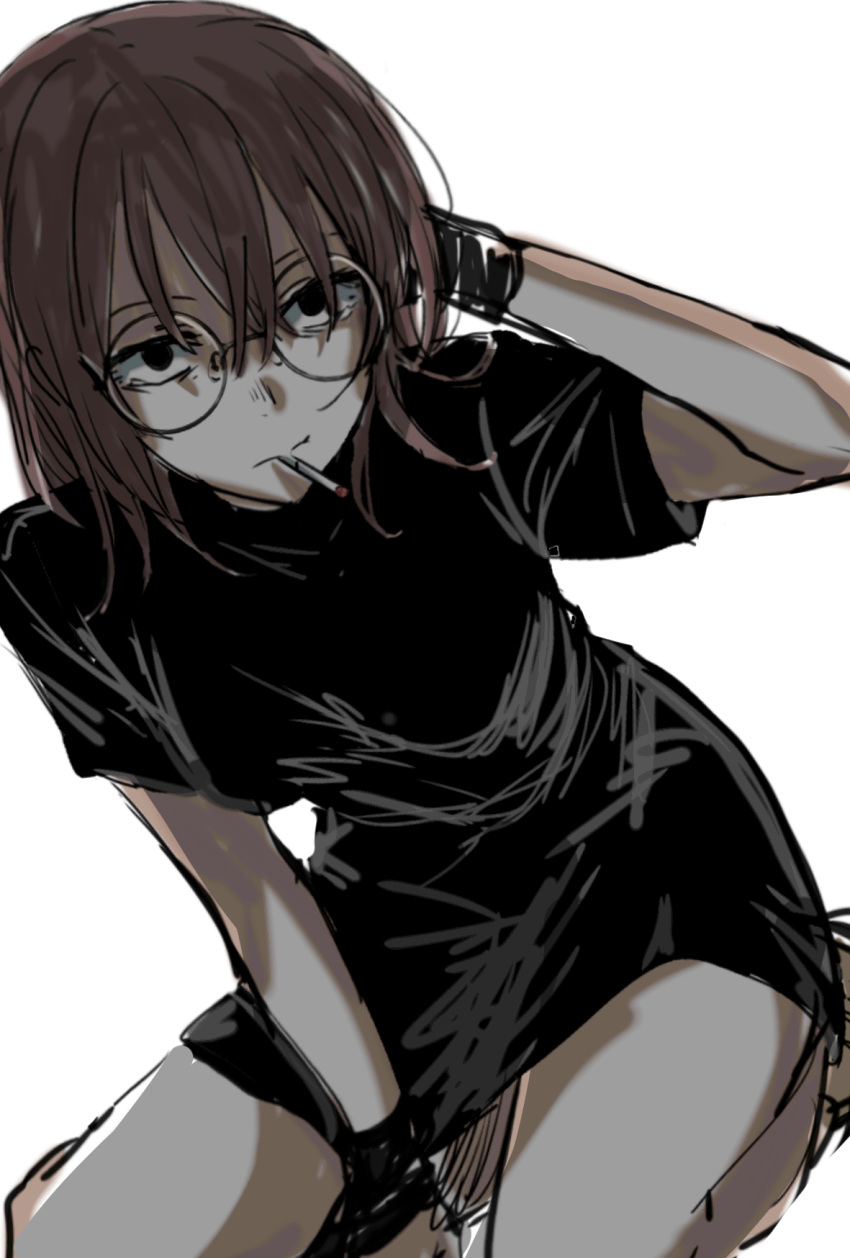 1girl, arm_behind_head, black-framed_eyewear, black_eyes, brown_hair, cigarette, highres, looking_at_viewer