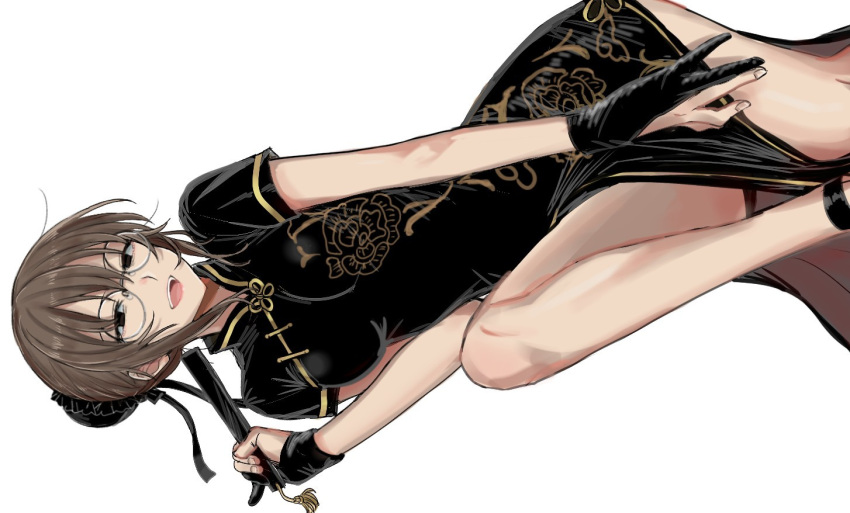 1girl, black-framed_eyewear, black_eyes, brown_hair, china_dress, chinese_clothes, dress, glasses, gloves, looking_at_viewer, open_mouth, round_eyewear, simple_background, teeth, uguisu_anko, upper_teeth_only, user_ette8224, white_background, yofukashi_no_uta