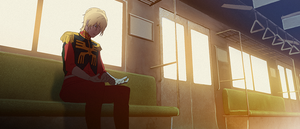 1boy, blonde_hair, blue_eyes, char's_daily_life, char_aznable, closed_mouth, film_grain, gloves