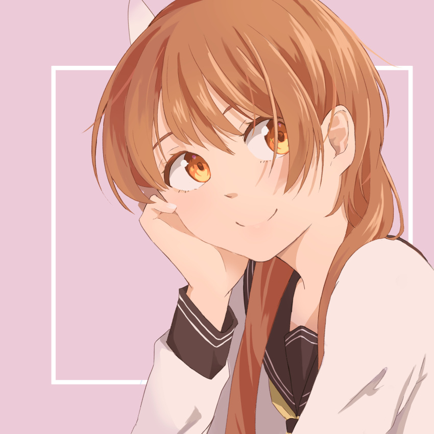 1girl, absurdres, black_sailor_collar, brown_eyes, brown_hair, closed_mouth, grey_background, hair_ornament, hand_on_own_cheek, hand_on_own_face, hand_up, highres, long_hair, looking_at_viewer, nisekoi, otako_(ahw0jwkbzah7gpn), portrait, sailor_collar, shirt, simple_background, smile, solo, tachibana_marika, white_shirt