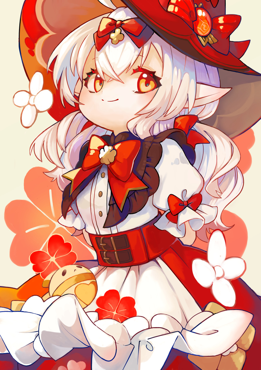 1girl, absurdres, apron, arms_behind_back, belt, bow, closed_mouth, dress