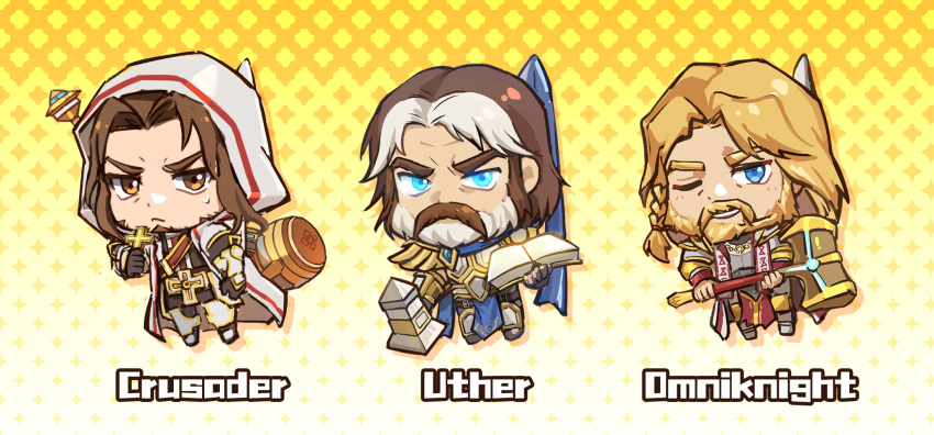 beard, blonde_hair, book, braid, brown_hair, character_request, chibi, cross