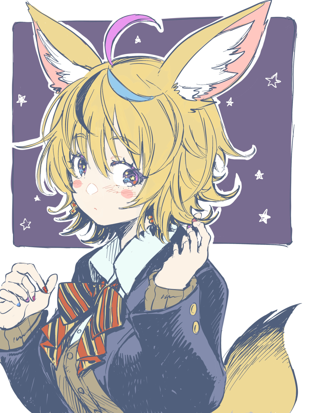 1girl, ahoge, animal_ear_fluff, animal_ears, black_hair, black_jacket, blazer, blonde_hair