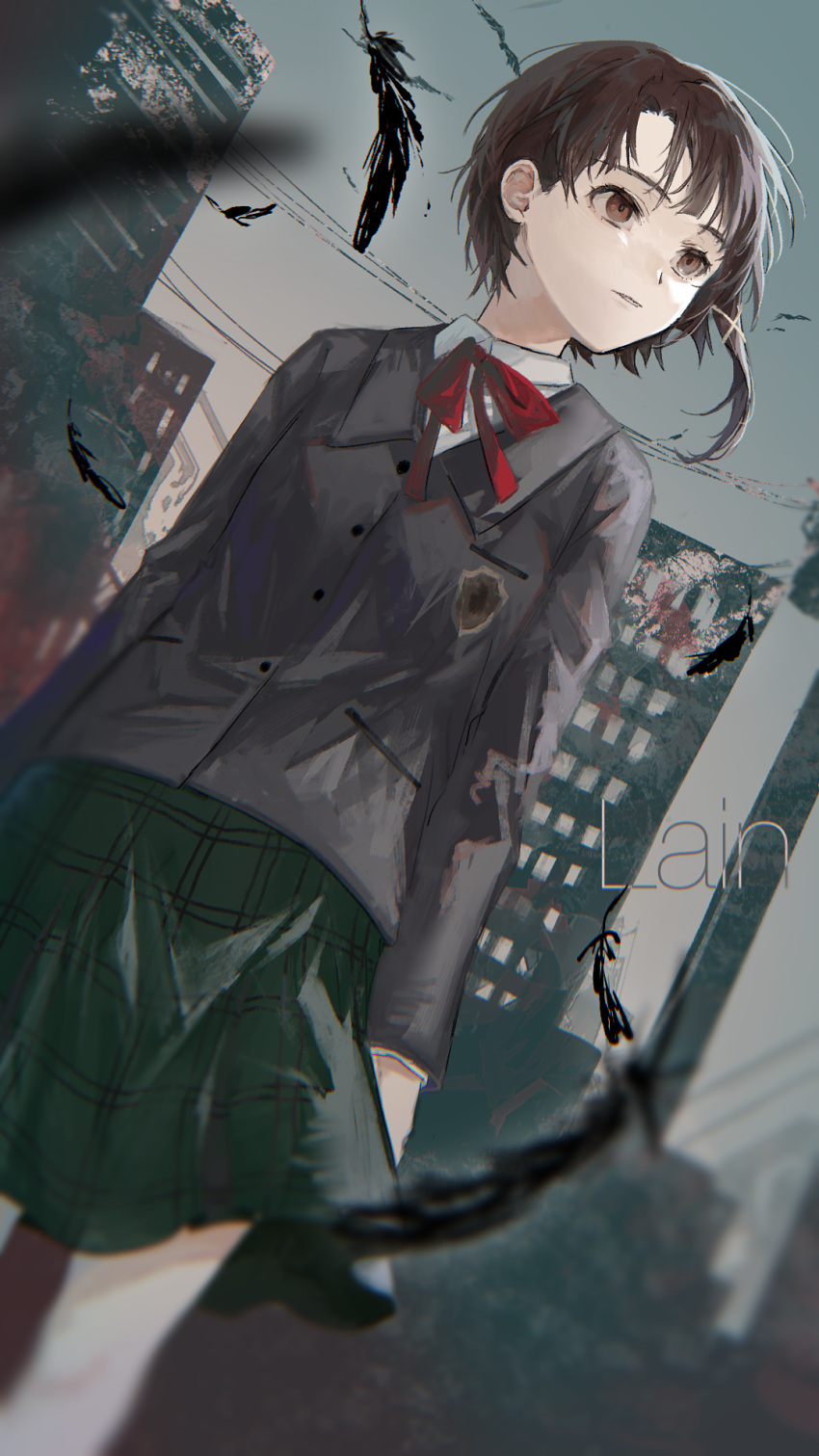 1girl, arms_at_sides, black_feathers, blazer, blurry, blurry_foreground, bow, bowtie, breasts, brown_eyes, brown_hair, building, character_name, city, closed_mouth, commentary, depth_of_field, dress_shirt, dutch_angle, expressionless, falling_feathers, feathers, floating_hair, green_skirt, grey_jacket, grey_sky, hair_ornament, hair_strand, highres, iwakura_lain, jacket, long_sleeves, looking_afar, looking_to_the_side, messy_hair, outdoors, overcast, parted_lips, pd_ta1, plaid, plaid_skirt, power_lines, red_bow, red_bowtie, red_ribbon, ribbon, school_uniform, serial_experiments_lain, shirt, short_hair, single_sidelock, skirt, sky, skyscraper, small_breasts, solo, standing, utility_pole, very_short_hair, white_shirt, wind, x_hair_ornament