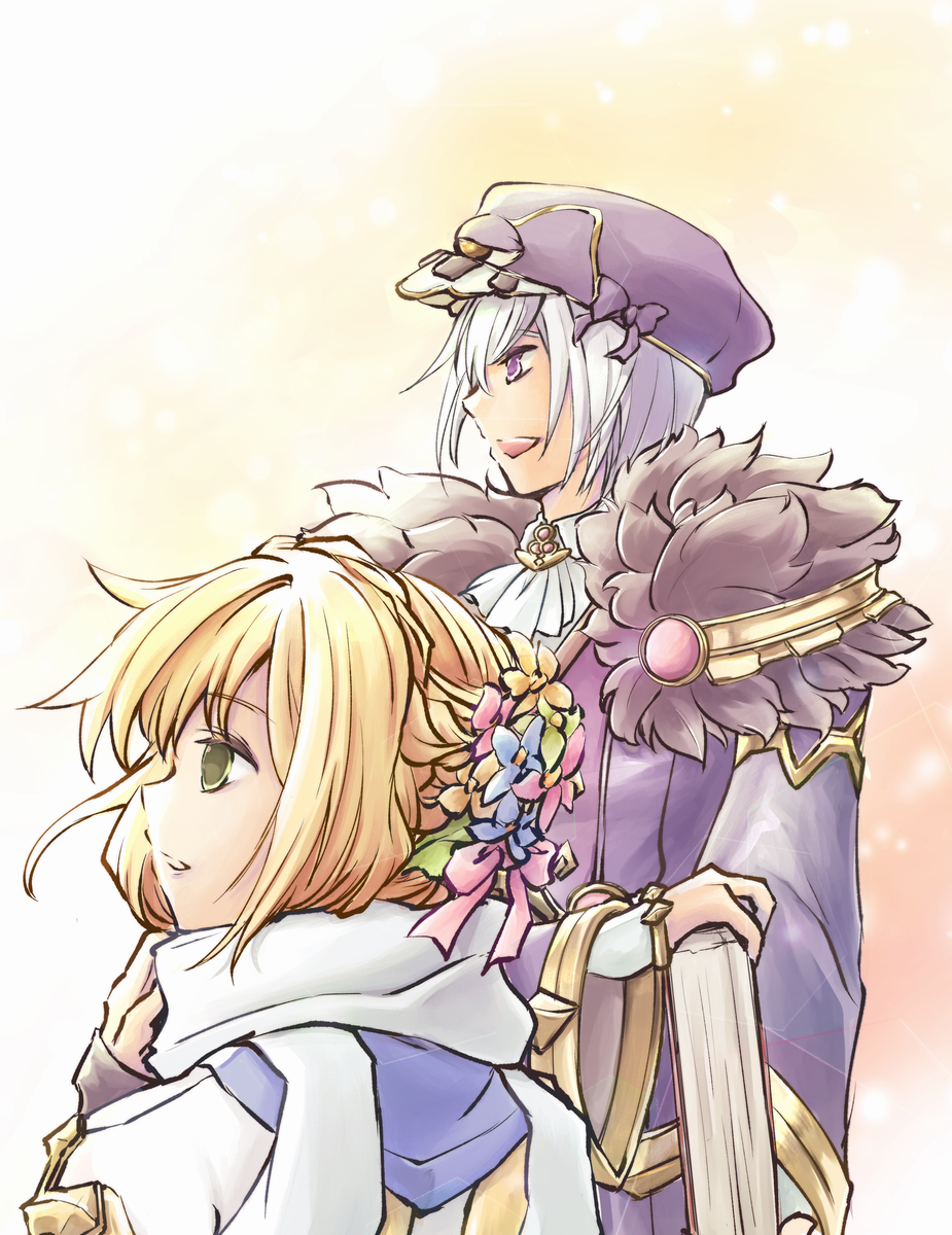 2boys, ascot, blonde_hair, bow, cabbie_hat, cardinal_(ragnarok_online), coat, commentary_request, cross, elemental_master_(ragnarok_online), eye_on_hat, flower, from_side, fur_collar, green_flower, hair_bow, hair_flower, hair_ornament, hat, highres, hikarei, looking_afar, male_focus, multiple_boys, open_mouth, pink_bow, pink_flower, profile, purple_coat, purple_headwear, ragnarok_online, scarf, short_hair, smile, upper_body, violet_eyes, white_ascot, white_hair, white_scarf, yellow_bow, yellow_eyes