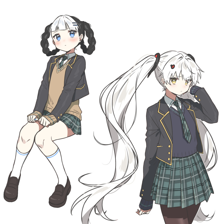 123ab456c, 2girls, alternate_costume, black_footwear, black_hair, black_jacket, black_pantyhose, black_sweater_vest, blue_eyes, blush, bombinata_(punishing:_gray_raven), braid, brown_sweater, brown_sweater_vest, collared_shirt, cross-shaped_pupils, green_necktie, green_skirt, grey_hair, hair_ornament, hairclip, heart, heart-shaped_pupils, highres, jacket, long_hair, long_sleeves, luna_(punishing:_gray_raven), multicolored_hair, multiple_girls, necktie, pantyhose, pleated_skirt, punishing:_gray_raven, school_uniform, shirt, skirt, socks, sweater, sweater_vest, symbol-shaped_pupils, twin_braids, twintails, two-tone_hair, very_long_hair, white_background, white_hair, white_shirt, white_socks, yellow_eyes