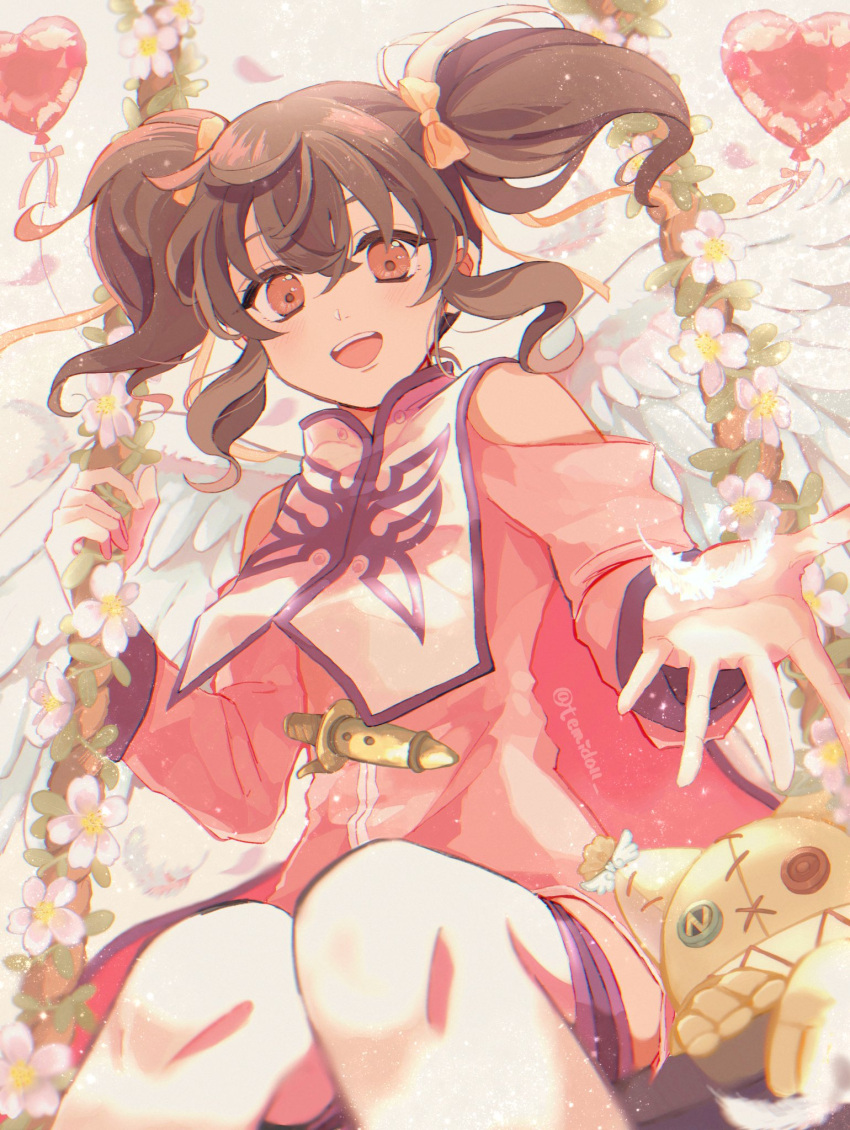 1girl, anise_tatlin, balloon, black_hair, brown_eyes, commentary_request, dress, falling_petals, feathered_wings, feathers, floating_hair, gloves, hair_between_eyes, hair_ribbon, heart, highres, long_hair, long_sleeves, looking_at_viewer, open_mouth, outstretched_hand, petals, pink_dress, ribbon, sidelocks, sitting, stuffed_toy, tabard, tales_of_(series), tales_of_the_abyss, teeth, temidoll, thigh-highs, tokunaga_(tales), twintails, twitter_username, upper_teeth_only, white_gloves, white_thighhighs, white_wings, wings, yellow_ribbon