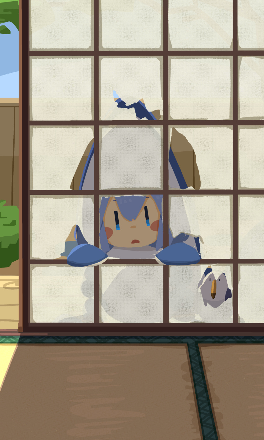 1girl, absurdres, alternate_costume, animal_costume, bird, blue_sky, blush_stickers, braid