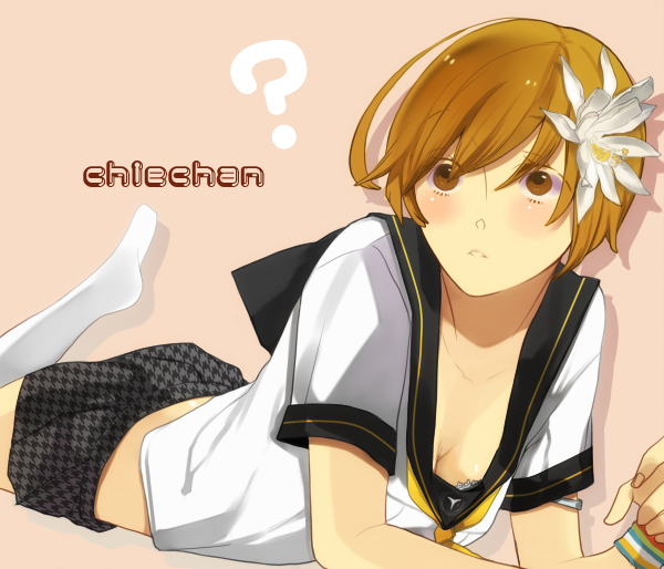 blush, breasts, brown_hair, cleavage, flower, hair_flower, hair_ornament, koyori_(pixiv)