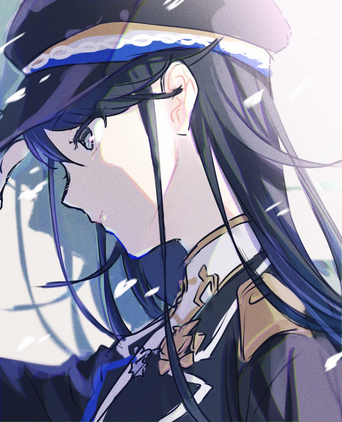 1girl, adjusting_clothes, adjusting_headwear, artist_request, black_eyes, black_hair, closed_mouth, commentary