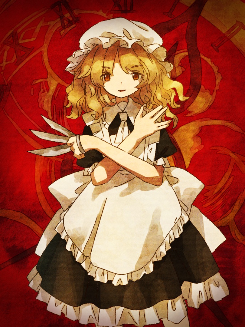 1girl, abstract_background, apron, ascot, back_bow, black_dress, blonde_hair, bow