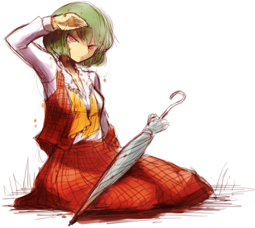 ascot, bad_id, closed_umbrella, emutsu, green_hair, highres, kazami_yuuka, plaid, plaid_skirt, plaid_vest, red_eyes, shading_eyes, simple_background, sitting, skirt, skirt_set, solo, touhou, umbrella, untied, white_background