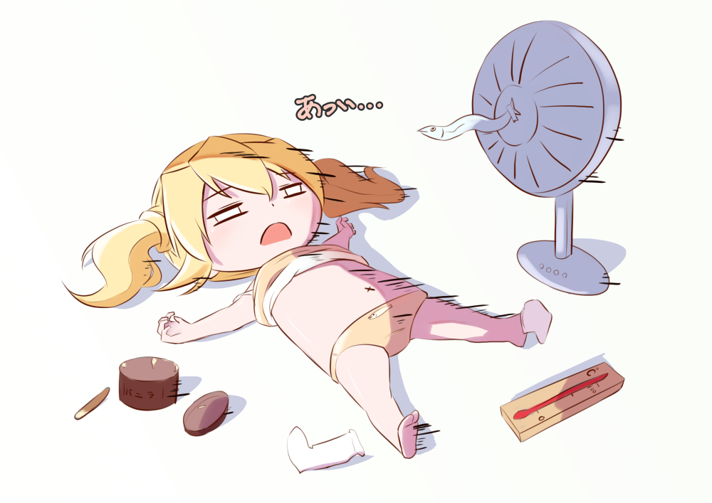 1girl, barefoot, blonde_hair, chibi, clothes_lift, commentary_request, d:, electric_fan