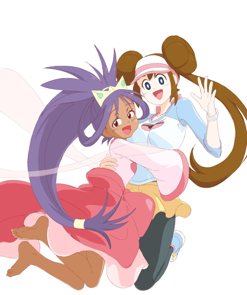 2girls, absurdres, barefoot, big_hair, black_pantyhose, blush, breast_pillow, breasts