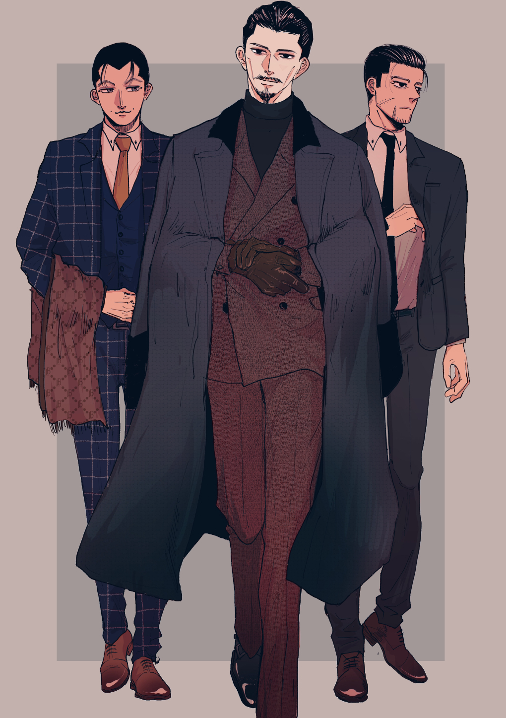 3boys, black_hair, black_necktie, black_suit, blue_pants, blue_suit, brown_gloves, brown_necktie, brown_pants, brown_scarf, brown_suit, cheekbones, contemporary, facial_hair, gloves, goatee, golden_kamuy, grey_background, hair_slicked_back, haru_gaga, highres, looking_at_viewer, male_focus, multiple_boys, mustache, necktie, ogata_hyakunosuke, own_hands_together, pants, plaid, scar, scar_on_cheek, scar_on_face, scarf, standing, suit, tsurumi_tokushirou, usami_tokishige