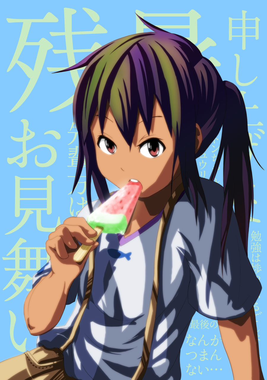brown_eyes, casual, hashiribe, highres, k-on!, long_hair, msics, nakano_azusa, popsicle, solo, suika_bar, tan, twintails