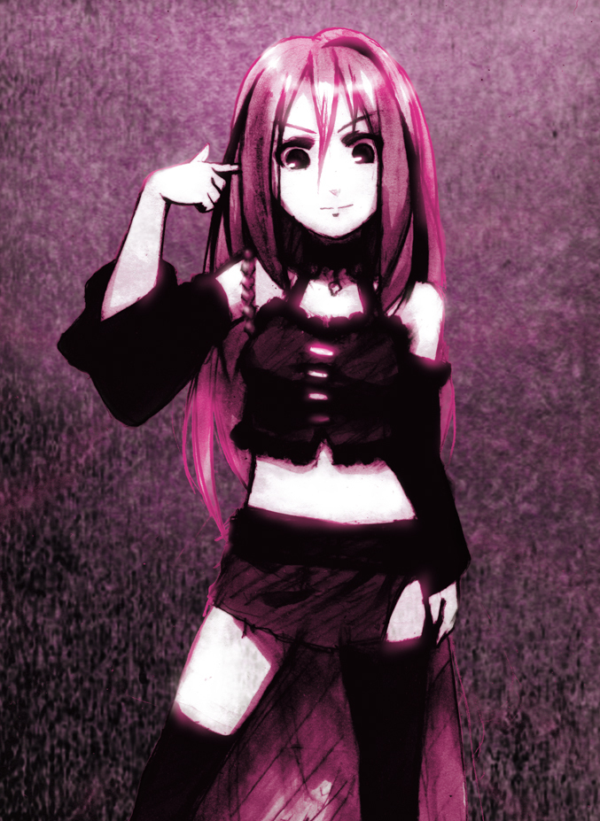 death_devil, detached_sleeves, finger_gun, k-on!, long_hair, midriff, miniskirt, mismatched_legwear, monochrome, pink, single_braid, skirt, solo, thighhighs, yamanaka_sawako, yorugata