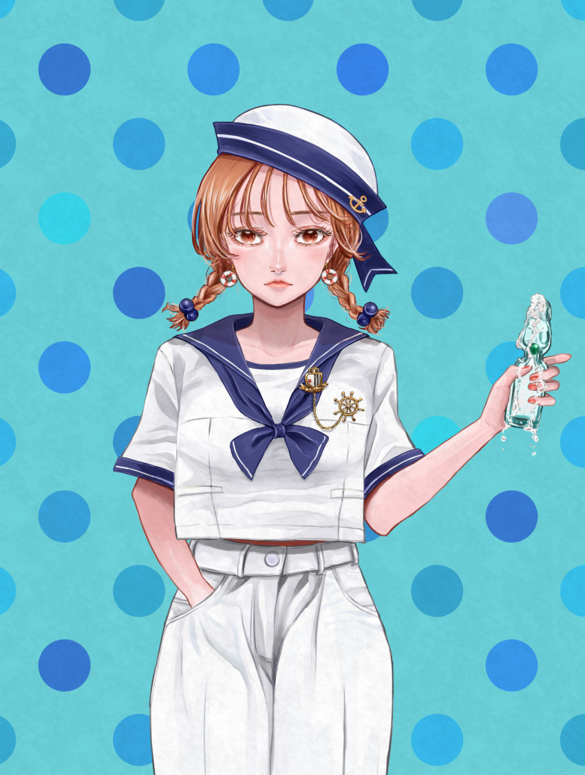 1girl, blue_background, blue_neckerchief, bottle, braid, brown_eyes, brown_hair, hair_bobbles, hair_ornament, hand_in_pants, hat, hat_ornament, highres, holding, holding_bottle, innertube_earrings, looking_at_viewer, neckerchief, original, pants, ramune, red_nails, sailor_collar, sailor_hat, sailor_shirt, shiraco_(sgdv2435), shirt, short_sleeves, simple_background, solo, standing, straight-on, twin_braids, twintails, white_pants, white_shirt