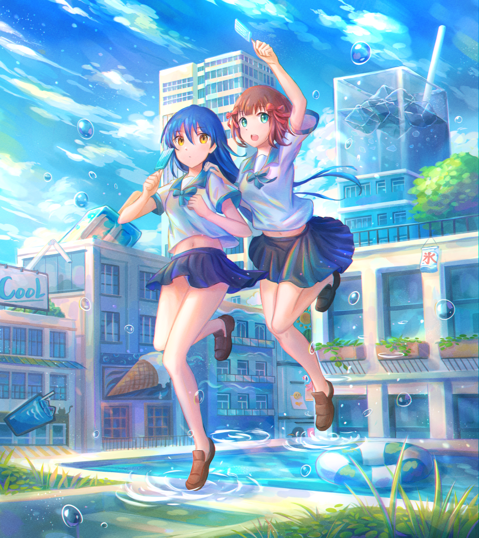 2girls, amami_haruka, bare_legs, black_skirt, blue_bow, blue_bowtie, blue_eyes, blue_hair