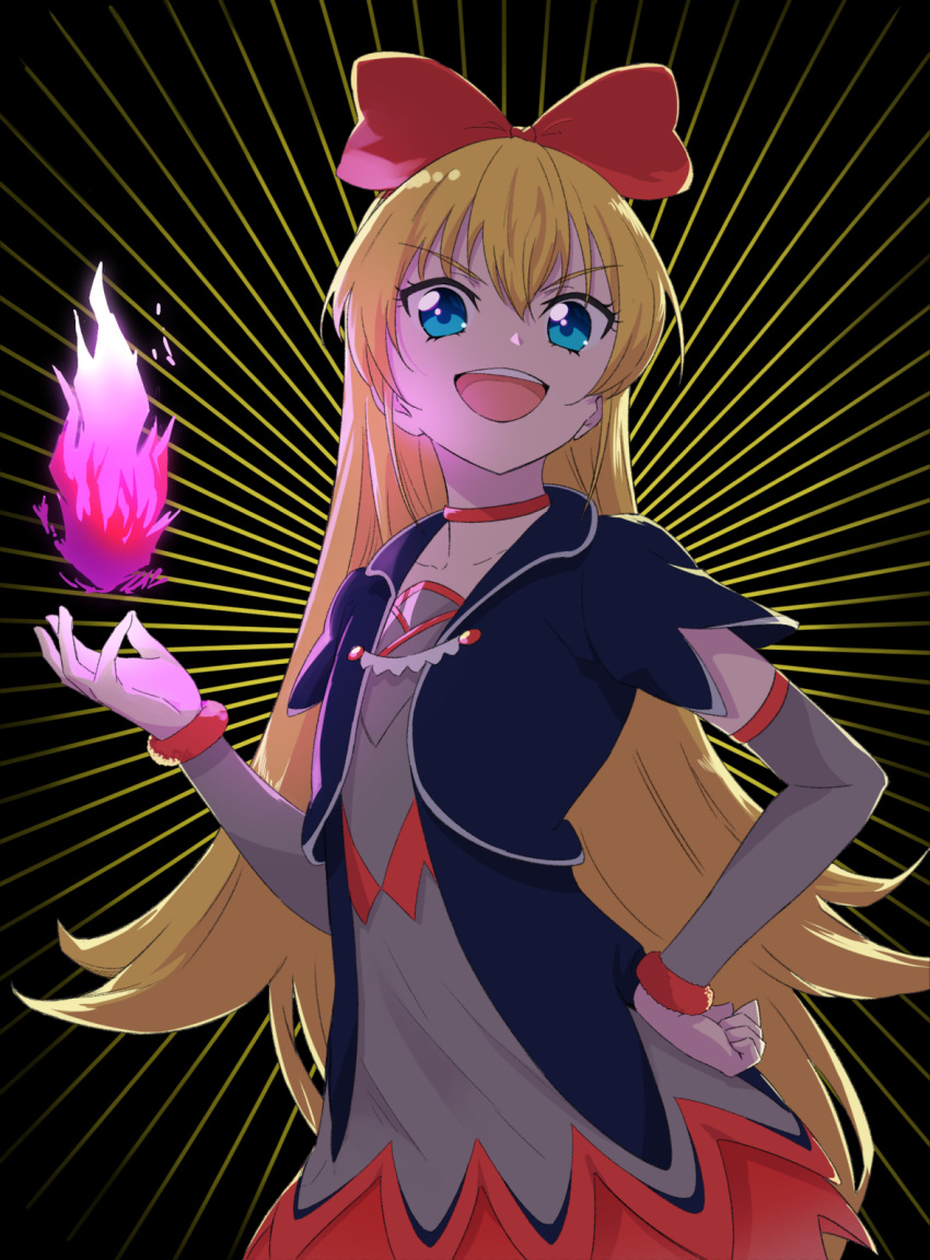 1girl, :d, black_jacket, blonde_hair, blue_eyes, bow, choker, collarbone