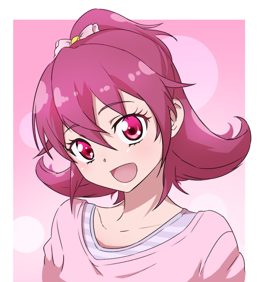 1girl, :d, aida_mana, border, bow, collarbone, dokidoki!_precure, hair_between_eyes, hair_bow, head_tilt, highres, jwetefmgyvhlxqn, long_hair, pink_background, pink_bow, pink_shirt, ponytail, portrait, precure, red_eyes, redhead, shirt, smile, solo, white_border