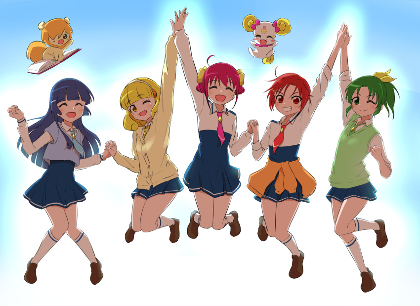 5girls, ;), ;d, aoki_reika, arm_up, blonde_hair, blue_hair, blue_necktie, blue_skirt, blunt_bangs, brown_footwear, candy_(smile_precure!), cardigan, closed_eyes, collared_shirt, full_body, green_eyes, green_hair, green_necktie, green_sweater, grin, hair_ornament, hairclip, high-waist_skirt, highres, hino_akane_(smile_precure!), holding_hands, hoshizora_miyuki, interlocked_fingers, jumping, jwetefmgyvhlxqn, kise_yayoi, loafers, long_hair, midorikawa_nao, miniskirt, multiple_girls, nanairogaoka_middle_school_uniform, necktie, one_eye_closed, pink_necktie, pleated_skirt, pop_(smile_precure!), precure, red_eyes, red_necktie, redhead, school_uniform, shirt, shoes, short_hair, skirt, smile, smile_precure!, socks, sweater, sweater_vest, white_shirt, white_socks, wing_collar, yellow_cardigan, yellow_eyes, yellow_necktie
