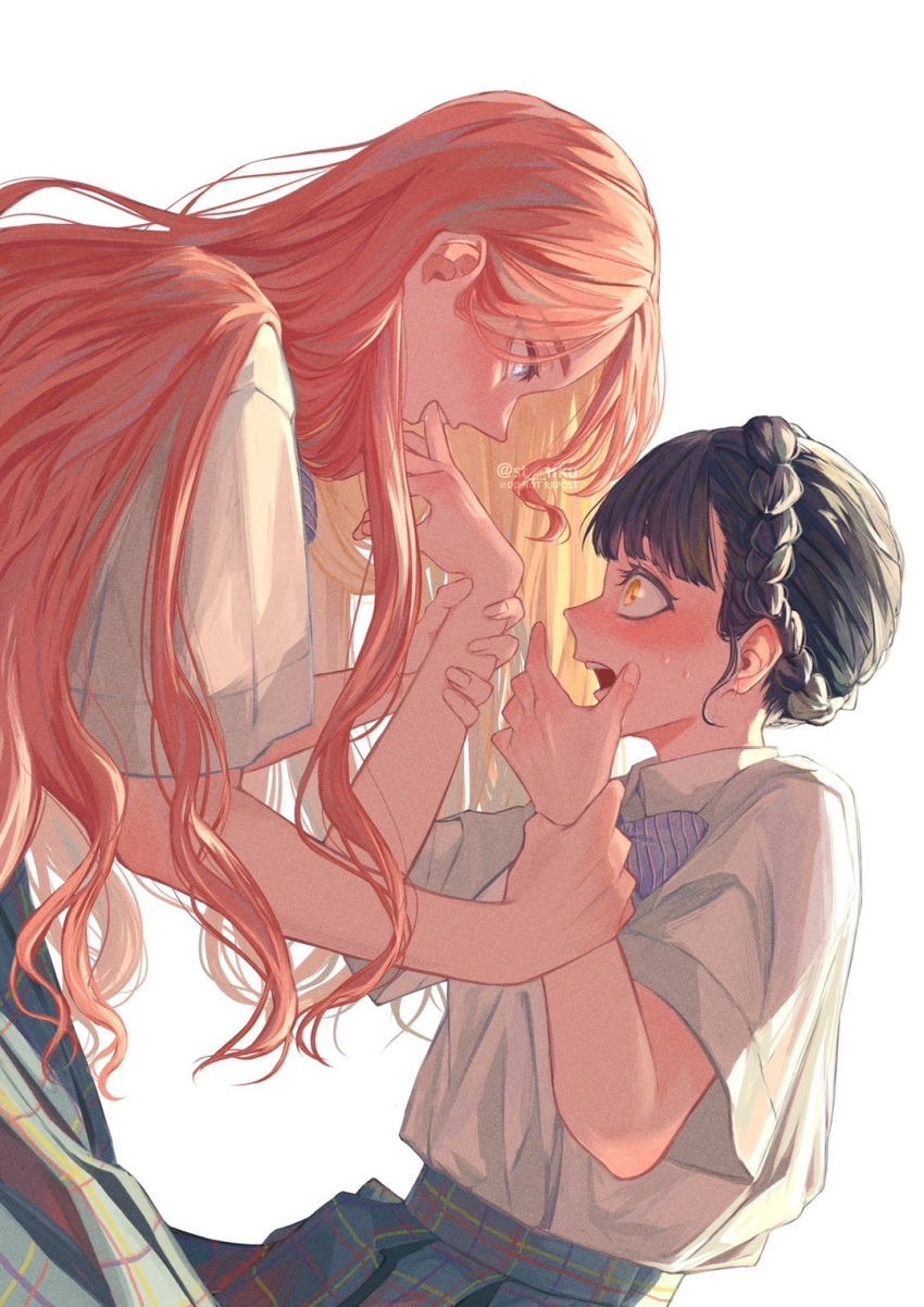 2girls, biting, black_hair, blue_bow, blue_bowtie, blue_eyes, blue_skirt, blush, bow, bowtie, braid, collared_shirt, commentary_request, diagonal-striped_bowtie, eye_contact, film_grain, finger_biting, from_side, hair_behind_ear, height_difference, highres, holding_another's_wrist, long_hair, looking_at_another, multiple_girls, open_mouth, original, pink_hair, plaid, plaid_skirt, pleated_skirt, profile, school_uniform, shirt, short_hair, short_sleeves, simple_background, skirt, st_ifku, sweatdrop, twitter_username, uniform, watermark, white_background, white_shirt, yellow_eyes, yuri